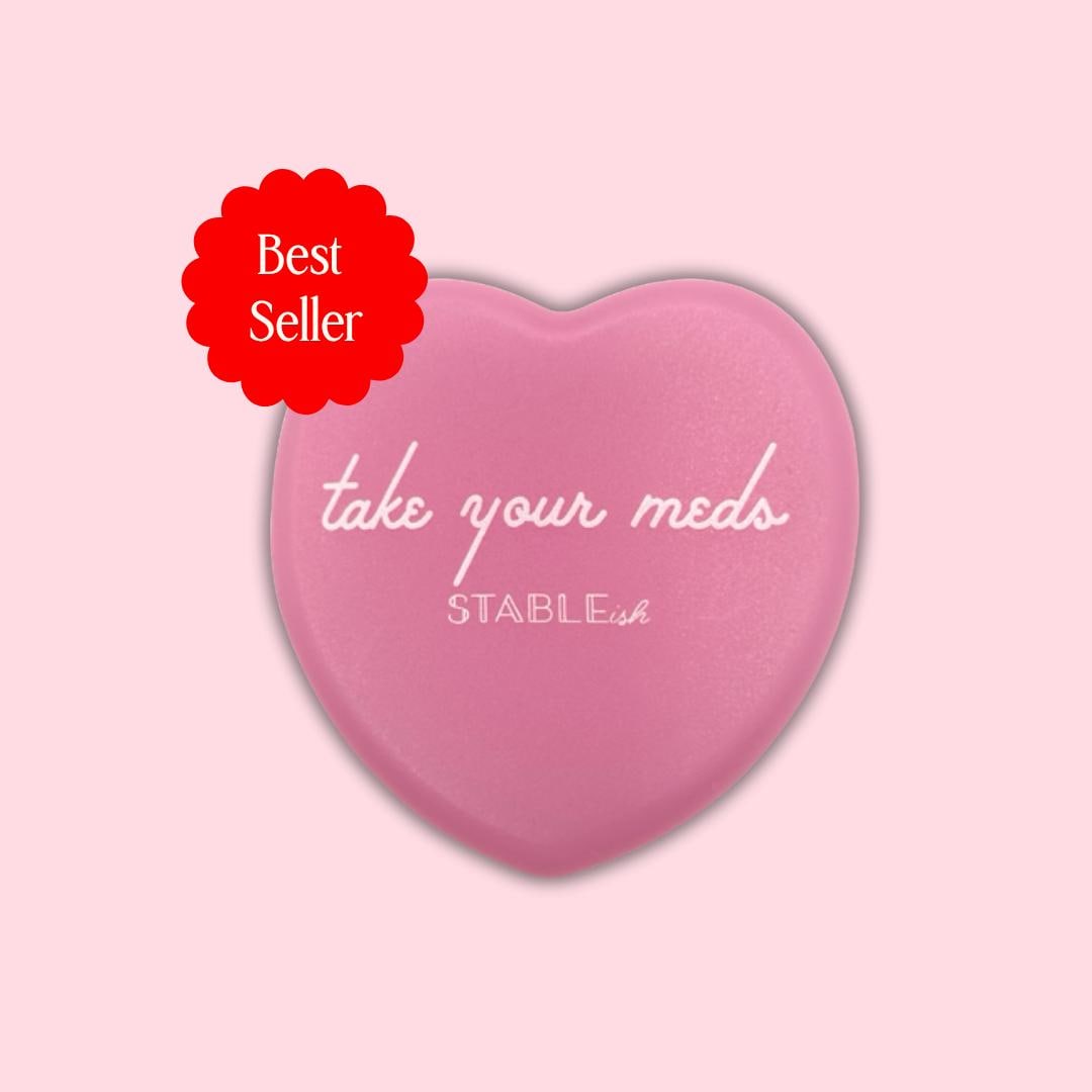 Pink Mini Take Your Meds Heart Pill Case | Compact Pill Holder with Single Compartment | Cute Mental Health Reminder | Travel Pill Box