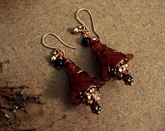 Caged Little Dancer - Fantasy Holiday Party Copper and Red Autumn Dangle Earrings