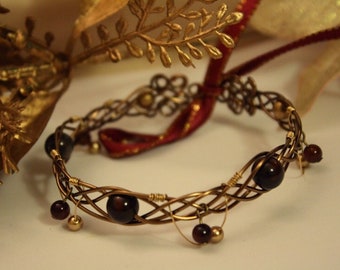 Freya's Circlet - Viking Celtic Medieval Fantasy Czech Glass Antique Brass Wire-Work Cuff Bracelet