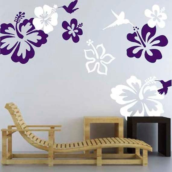 hibiscus flower decals hummingbirds murals hibiscus wall | etsy