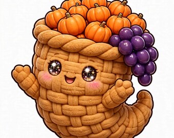 Kawaii Thanksgiving Squishy Clipart PNG | 10 söta klistermärkesdesigner | Digital nedladdning | Cornucopia Football Acorn | Utskrivbar