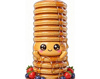 Kawaii Frukost Squishy Clipart PNG | 10 söta klistermärkesdesigner | Digital nedladdning | Pannkakor Våffel Donut Bagel | Utskrivbara klistermärken