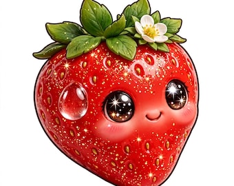 Kawaii Frukt Squishy Clipart PNG | 10 söta klistermärkesdesigner | Digital nedladdning | Jordgubb Ananas Persika | Utskrivbara klistermärken