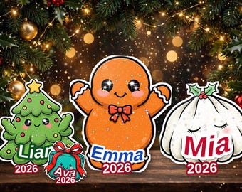 Squishy-inspirerade klistermärken, julklapp med squishy-motiv och ark med squishy-klistermärken, personligt namn och år, 6 Kiss-Cut vinylklistermärken