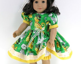 Handmade 18 inch Dress for American Girl Doll - Dress, Headband, Bloomers-Sparkle Green Cats, Shamrocks