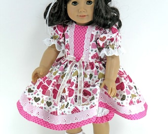 Handmade 18 inch Doll Clothes for American Girl - Dress, Headband, Bloomers - Rose Pink, Sparkly Gold Hearts