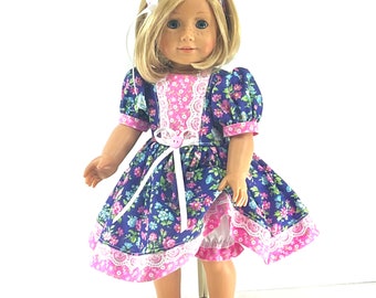 Handmade Dress for 18 Inch American Girl Doll - Dress, Headband, Bloomers - Blue, Pink, Green Floral