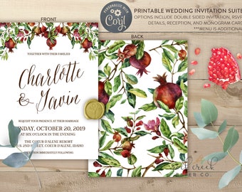 Pomegranate Wedding Invitation, Wedding Invitation Suite, Bridal Kit, Details, RSVP,  Editable Wedding Invitation Template, Instant Download