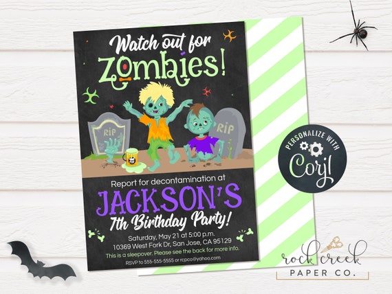 Zombie Birthday Invitation, Zombie Boy Invitation, Zombie Girl Invitation, Digital Birthday Party Invitation, INSTANT ACCESS Il_570xn