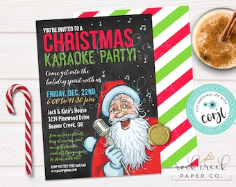 May include: A Christmas karaoke party invitation with a cartoon image of Santa Claus singing into a microphone. The invitation is on a chalkboard background with red and green stripes. The text on the invitation reads "You're invited to a Christmas Karaoke Party! Come get into the holiday spirit with us. Friday, Dec. 22nd 6:00 to 11:30 pm Jack & Kate's House 3239 Pinewood Drive Beaver Creek, OR"