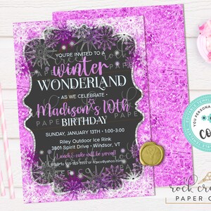 May include: A rectangular invitation card with a black center and a bright pink, glittery border featuring white and purple snowflake patterns. The text reads: You're invited to a winter wonderland as we celebrate Madison's 10th birthday.