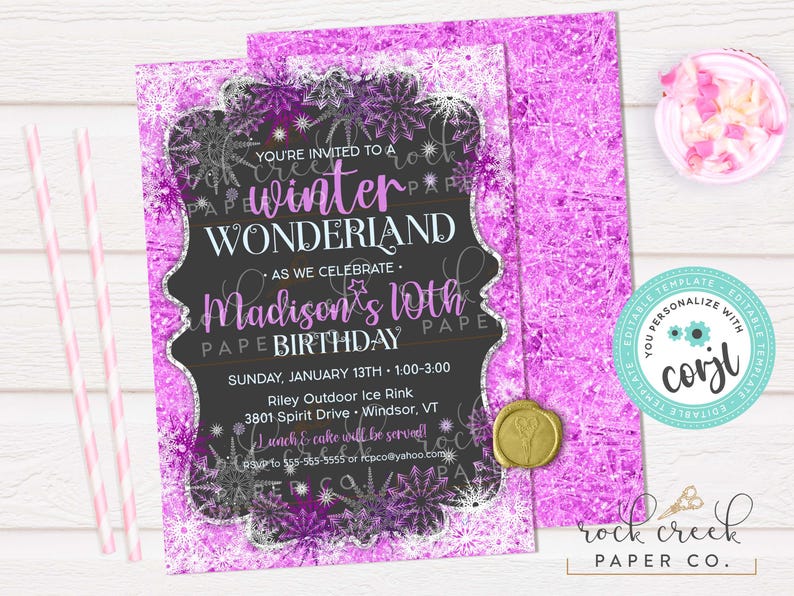May include: A rectangular invitation card with a black center and a bright pink, glittery border featuring white and purple snowflake patterns. The text reads: You're invited to a winter wonderland as we celebrate Madison's 10th birthday.