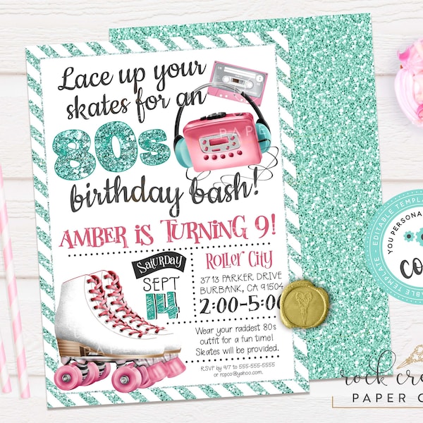 Roller Skating Birthday Invitation, 80s Roller Skating Invitation, Skating Rink, 1980s, Editable Birthday Party Template, Instant Download