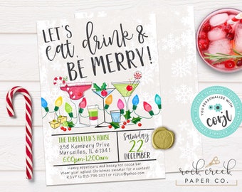 Eat Drink Be Merry Invitation, Editable Christmas Cocktail Party Template (Digital Download)