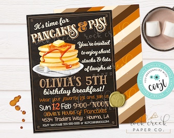 May include: A black and white invitation for a 5th birthday breakfast party. The invitation features a stack of pancakes with syrup and butter, and the text "It's time for Pancakes & PJs!"  Olivia's 5th birthday breakfast! Sun 12 Feb 9:00-NOON Olivia's House of Pancakes 4534 Traders Way Houma, LA RSVP text/call 555-555-5555 or RCPCO@YAHOO.COM"