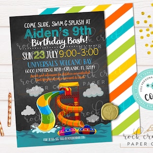 May include: A colorful birthday party invitation with a water park theme. The invitation features a waterslide illustration, the text "Come Slide, Swim & Splash at Aiden's 9th Birthday Bash!" and event details.