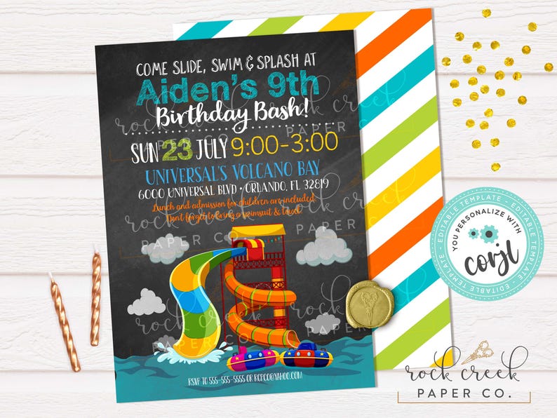 May include: A colorful birthday party invitation with a water park theme. The invitation features a waterslide illustration, the text "Come Slide, Swim & Splash at Aiden's 9th Birthday Bash!" and event details.