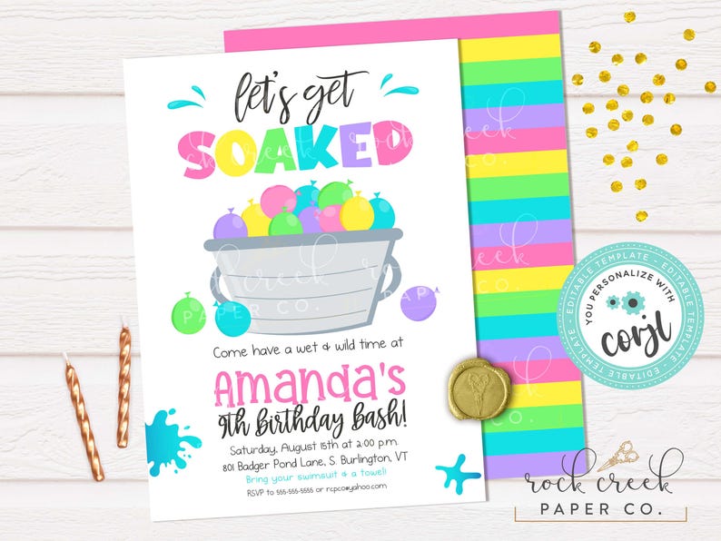 Water Balloon Birthday Invitation, Editable Party Template (Digital Download) White Pastel