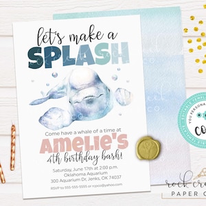 Beluga Whale Birthday Invitation, Aquarium Birthday Invite, Whale Party, Editable Birthday Party Template, Instant Download