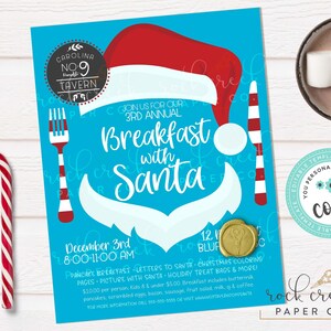 May include: A blue invitation for a "Breakfast with Santa" event, featuring a Santa Claus design. The invitation includes the event details, date, time, and location. A candy cane and a mug of hot chocolate with marshmallows are also visible.