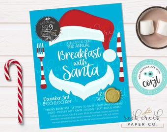 May include: A blue invitation for a "Breakfast with Santa" event, featuring a Santa Claus design. The invitation includes the event details, date, time, and location. A candy cane and a mug of hot chocolate with marshmallows are also visible.