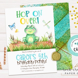 May include: A green frog sitting on a log with the text "HOP ON OVER!" above it. The text "Carol's 5th birthday party!" is below the frog. The invitation is for a party on Saturday, March 15th at 2:00 pm. The address is 41 Arlington Ave, Memphis, TN 3810. The RSVP information is 555-564-1666 or rpc@yahoo.com.