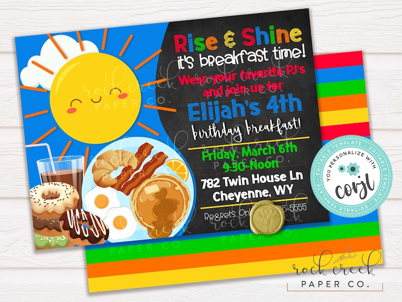 May include: A colorful invitation for a birthday breakfast party. The invitation features a cartoon sun, a plate of breakfast food, and the text "Rise & Shine it's breakfast time! Wear your favorite PJ's and join us for Elijah's 4th birthday breakfast! Friday, March 6th 9:30-Noon 782 Twin House Ln Cheyenne, WY"