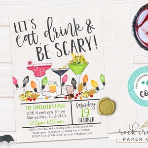 May include: Halloween party invitation with the text "LET'S eat, drink & BE SCARY!". The invitation features watercolor illustrations of cocktails, string lights, and autumn leaves. Includes event details and RSVP information.