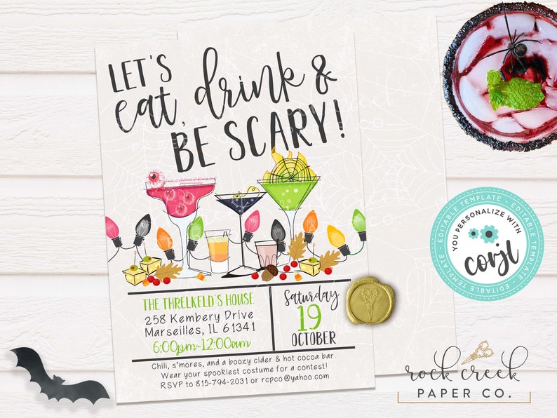 May include: Halloween party invitation with the text "LET'S eat, drink & BE SCARY!". The invitation features watercolor illustrations of cocktails, string lights, and autumn leaves. Includes event details and RSVP information.