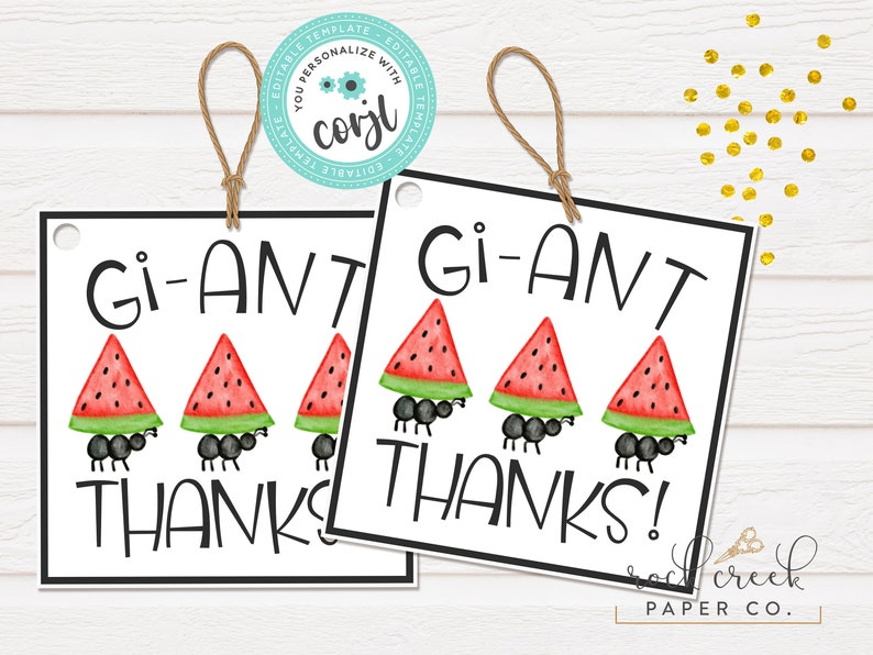 May include: Two white square gift tags with black borders and holes for string. Each tag features a black and white illustration of ants carrying watermelon slices. The text "Gi-Ant Thanks!" is written in black on each tag.