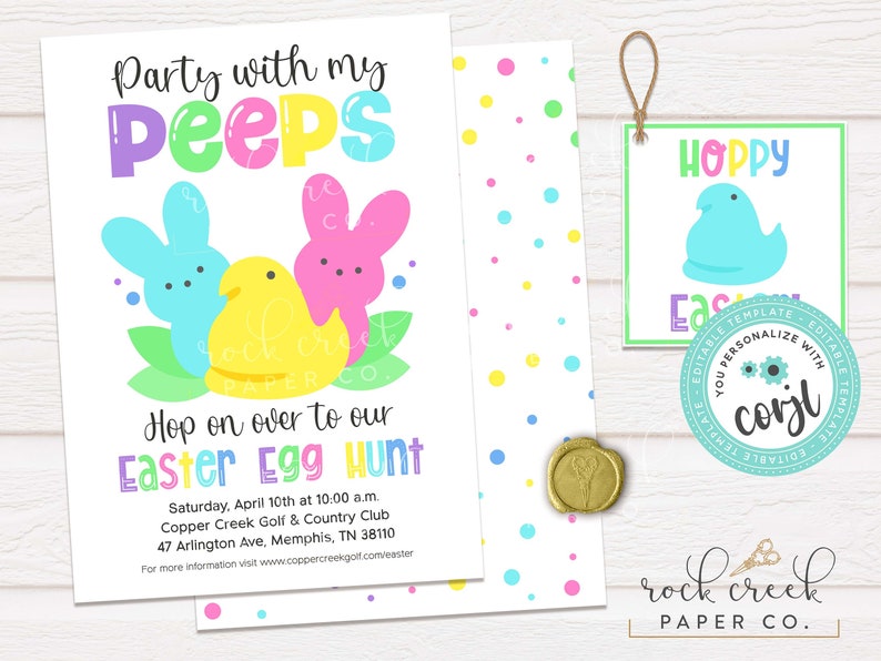 May include: An invitation to a party with the text "Party with my Peeps" and a graphic of three pastel-colored Peeps. The invitation also includes the text "Hop on over to our Easter Egg Hunt" and details about the event, including the date, time, location, and website for more information.