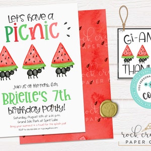 May include: A printable invitation for a 7th birthday party with a watermelon and ant theme. The invitation says "Let's have a picnic" and features three ants carrying watermelon slices on their backs. The text also includes the birthday girl's name, Brielle, and the date and time of the party. The invitation is decorated with a watercolour background of red watermelon slices.