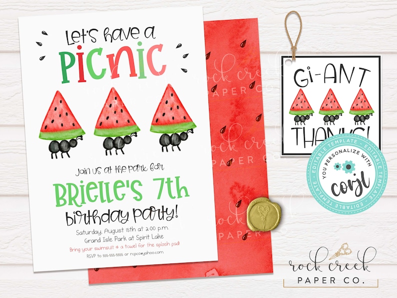May include: A printable invitation for a 7th birthday party with a watermelon and ant theme. The invitation says "Let's have a picnic" and features three ants carrying watermelon slices on their backs. The text also includes the birthday girl's name, Brielle, and the date and time of the party. The invitation is decorated with a watercolour background of red watermelon slices.