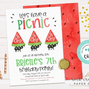 May include: Watermelon picnic birthday party invitation featuring ants carrying watermelon slices. The invitation is for Brielle's 7th birthday party and includes the date, time, location, and RSVP details.
