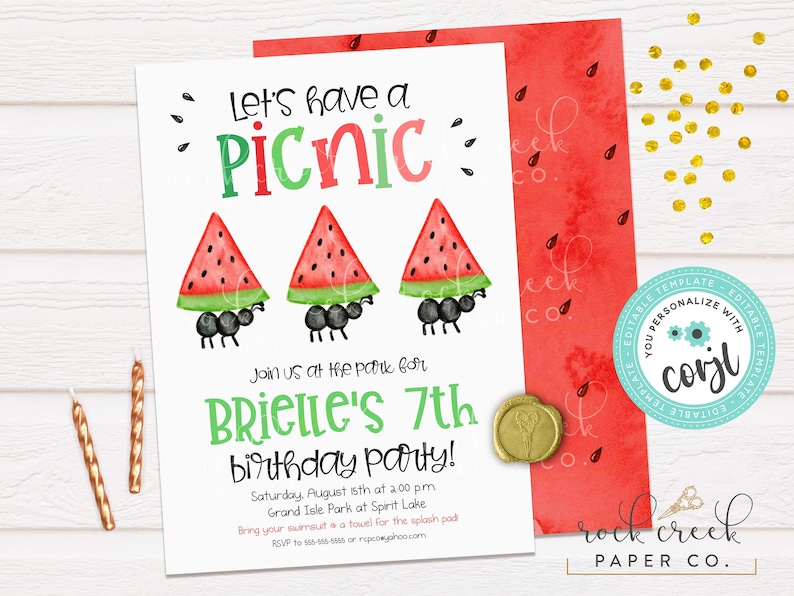 May include: Watermelon picnic birthday party invitation featuring ants carrying watermelon slices. The invitation is for Brielle's 7th birthday party and includes the date, time, location, and RSVP details.