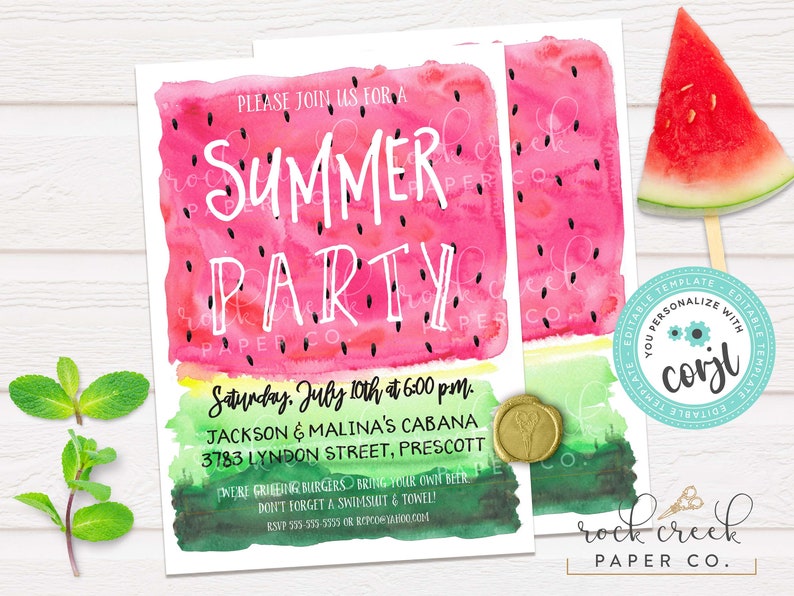 May include: Watermelon-themed invitation for a summer party. The invitation features a watercolor illustration of a watermelon slice with black seeds. The text reads "Please join us for a Summer Party" and includes details about the date, time, location, and RSVP information.