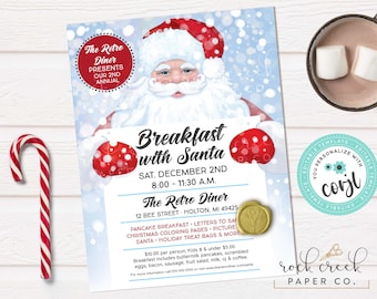 May include: A Christmas-themed flyer advertising a "Breakfast with Santa" event. The design includes an illustration of Santa Claus with a red hat and mittens, set against a snowy blue backdrop. The text "The Retro Diner" is also visible. A candy cane and a mug of hot chocolate are also present.