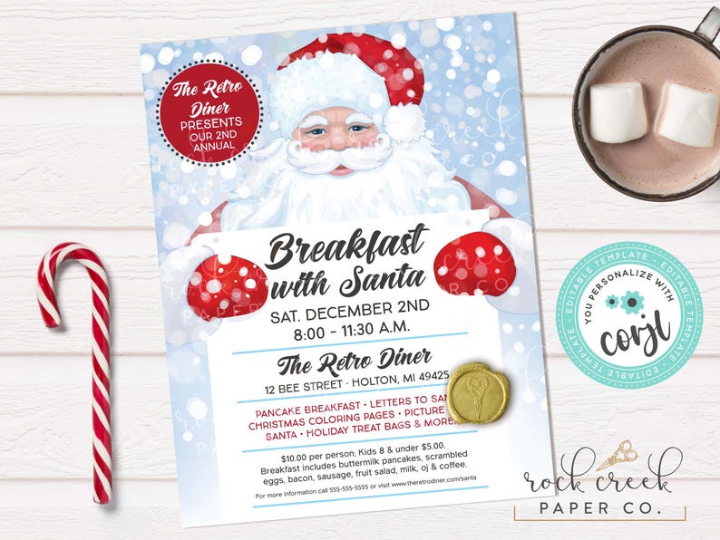 May include: A festive flyer for a "Breakfast with Santa" event. The design features a Santa Claus illustration with a red hat and mittens, set against a snowy blue background. Includes event details and the text "The Retro Diner". A candy cane and a mug of hot chocolate are also visible.
