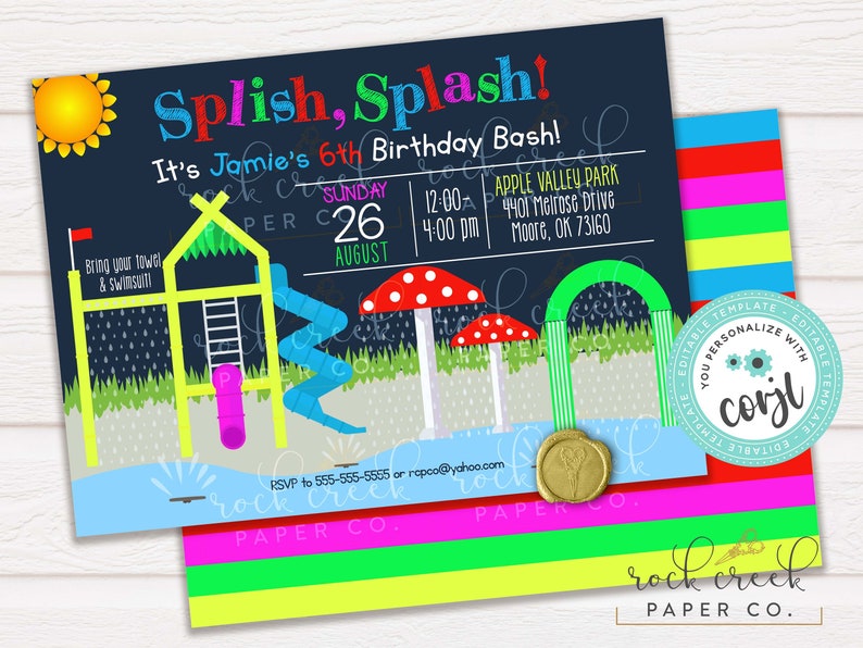 May include: A colorful invitation for a 6th birthday party with a water park theme. The invitation features a cartoon illustration of a water slide, a play structure, and a mushroom. The text on the invitation reads "Splish, Splash! It's Jamie's 6th Birthday Bash!" and includes the date, time, and location of the party.
