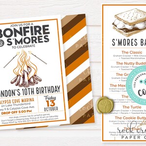 May include: A printable invitation for a bonfire and s'mores party. The invitation features a cartoon illustration of a campfire with the text "Join us for a Bonfire & S'mores to Celebrate London's 10th Birthday". The invitation also includes details about the party, such as the date, time, and location.