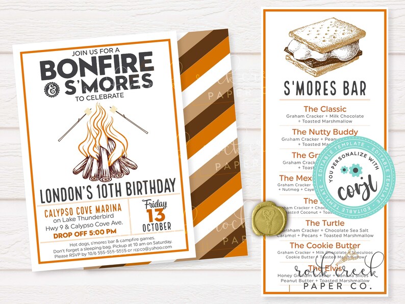 May include: A printable invitation for a bonfire and s'mores party. The invitation features a cartoon illustration of a campfire with the text "Join us for a Bonfire & S'mores to Celebrate London's 10th Birthday". The invitation also includes details about the party, such as the date, time, and location.