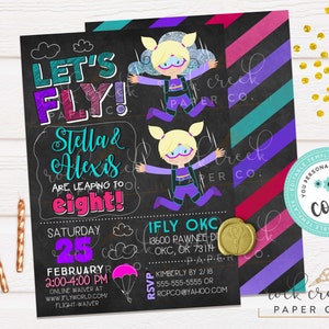 iFly Twin Girls Skydiving Invitation: Editable Party Template (Instant Digital Download, 5&quot;x7&quot;)