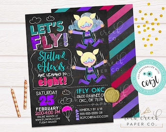 iFly Twin Girls Skydiving Birthday Invitation, Editable Party Template (Digital Download)