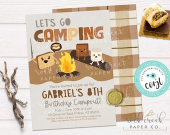 May include: A printable invitation for a camping themed birthday party. The invitation features a campfire with a marshmallow, chocolate bar, and graham cracker. The text on the invitation reads "Let's Go Camping! Gabriel's 8th Birthday Campout!"