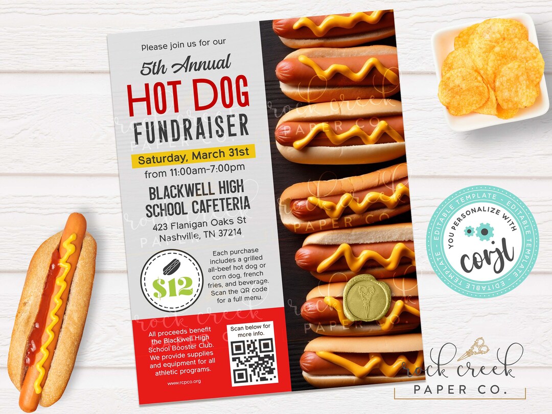 Hot Dog Fundraiser Flyer, School Fundraiser, Charity Flyer, Church