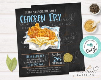 May include: A black and white chalkboard style invitation for a chicken fry. The invitation includes the text "The bird is the word. Join us for a Chicken Fry." and the date "Sunday 26 September".