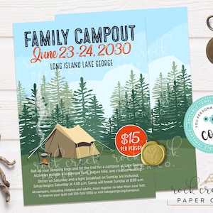Könnte beinhalten: Eine farbenfrohe Einladung zu einem Familiencamping am Long Island Lake George. Die Einladung zeigt eine Comic-Illustration eines Zeltes in einem Wald mit einem Preisschild von 15 € pro Person. Der Text auf der Einladung lautet "Family Campout June 23-24, 2030 Long Island Lake George".