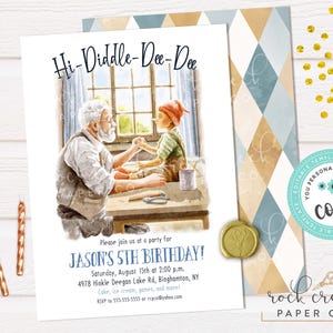 May include: An invitation with the text "Hi-Diddle-Dee-Dee" and a watercolor illustration of a man and a boy. The invitation is for Jason's 5th birthday, with event details and a contact for RSVP.