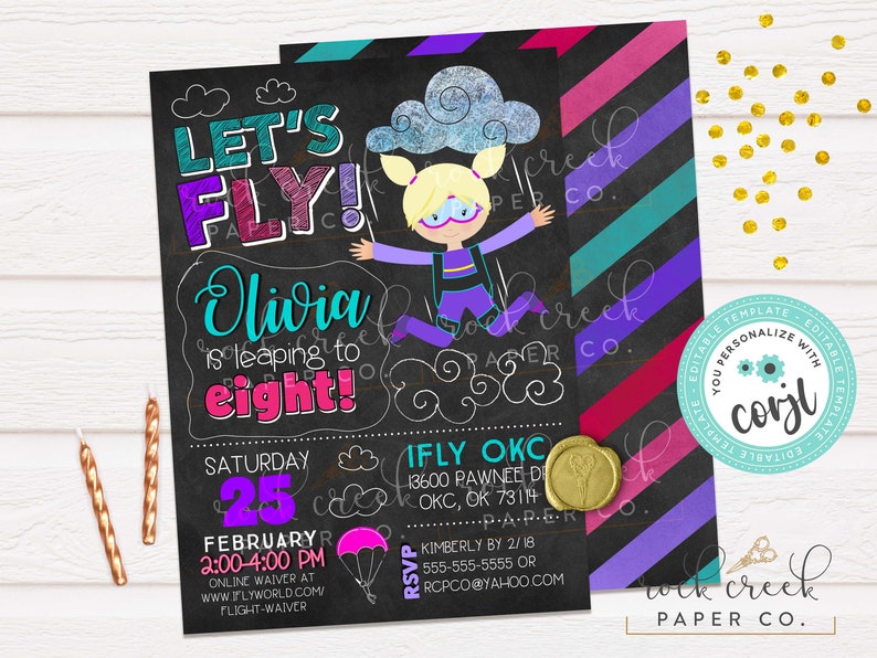 iFly Skydiving Invitation, iFly Birthday Invitation, Indoor Skydiving Party, iFly Party, Editable Birthday Party Template, Instant Download Purple|Pink|Teal