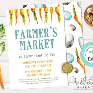 May include: A white invitation for a Farmer's Market at Townsend Co-Op, featuring watercolor carrots and eggs. The text reads "Farmer's Market" and includes the date, time, and address. A fresh carrot and a bowl of eggs are also visible.